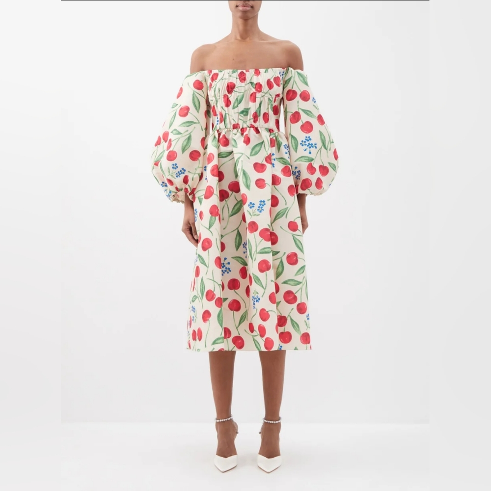 Carolina Herrera Cherry Off Shoulder Midi Dress